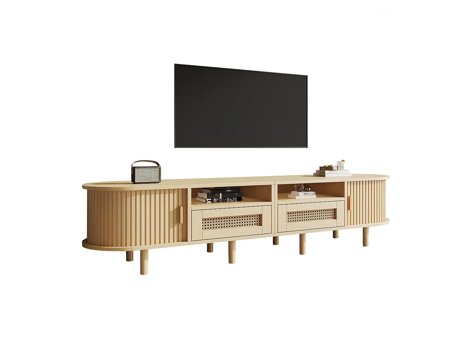 Meuble TV 170x40x40cm - avec 2 tiroirs en rotin - 2 portes coulissantes - MDF - Naturel