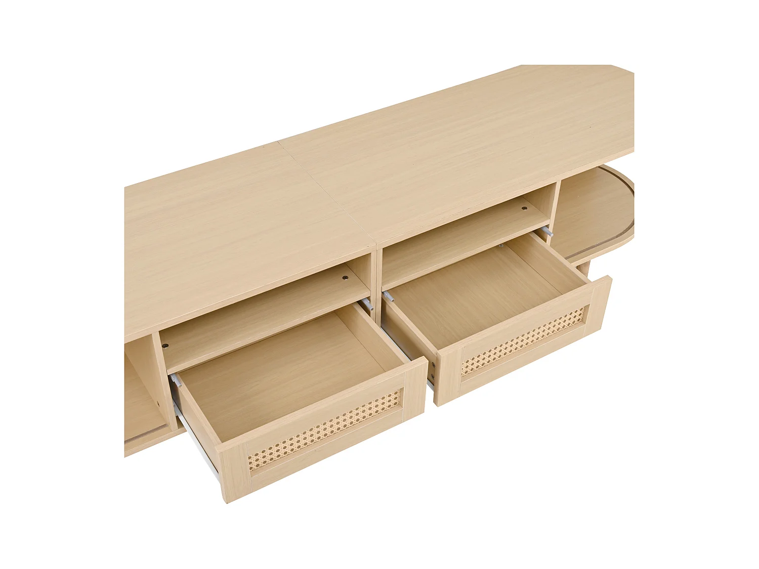 Meuble TV 170x40x40cm - avec 2 tiroirs en rotin - 2 portes coulissantes - MDF - Naturel