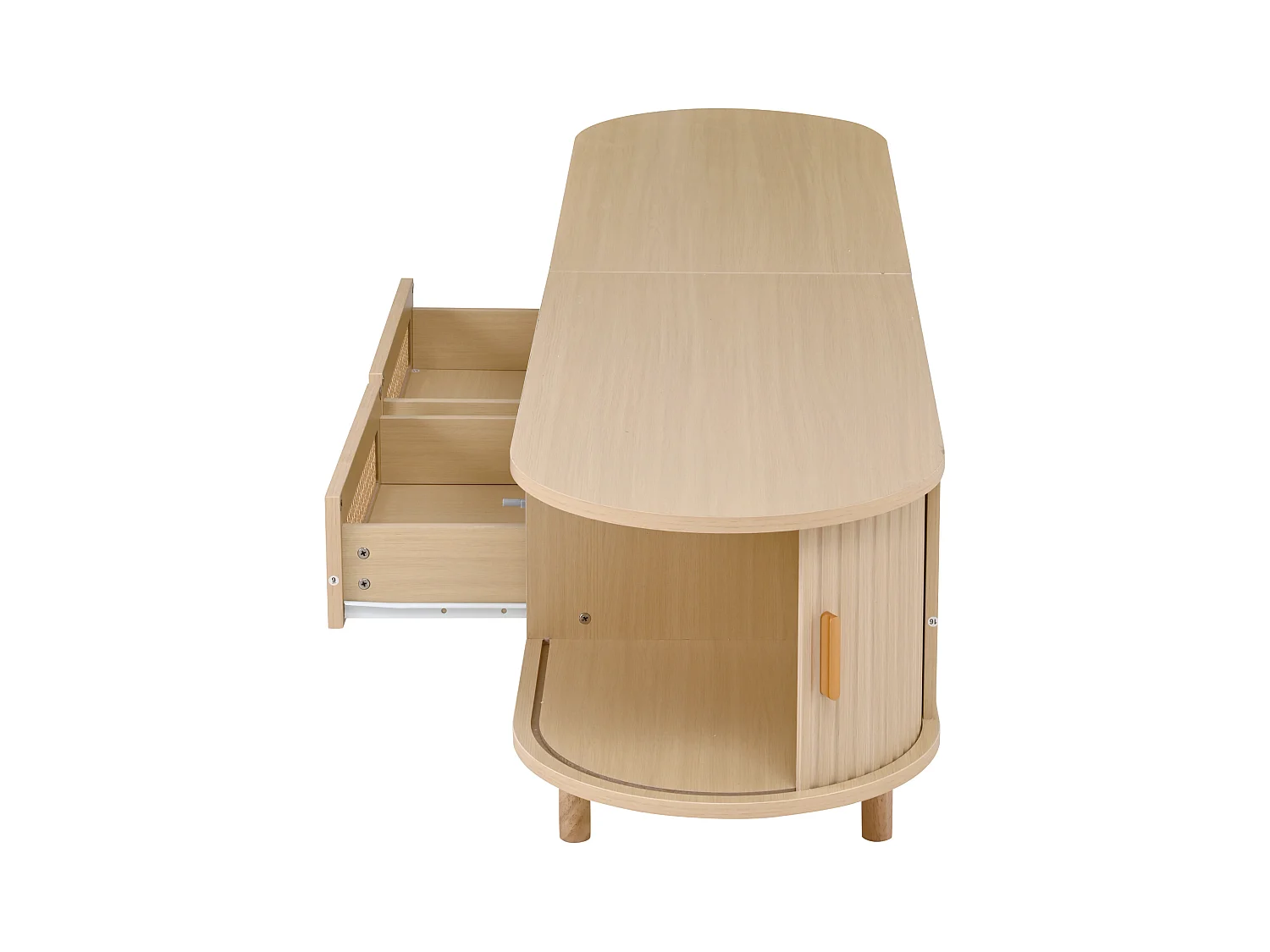 Meuble TV 170x40x40cm - avec 2 tiroirs en rotin - 2 portes coulissantes - MDF - Naturel