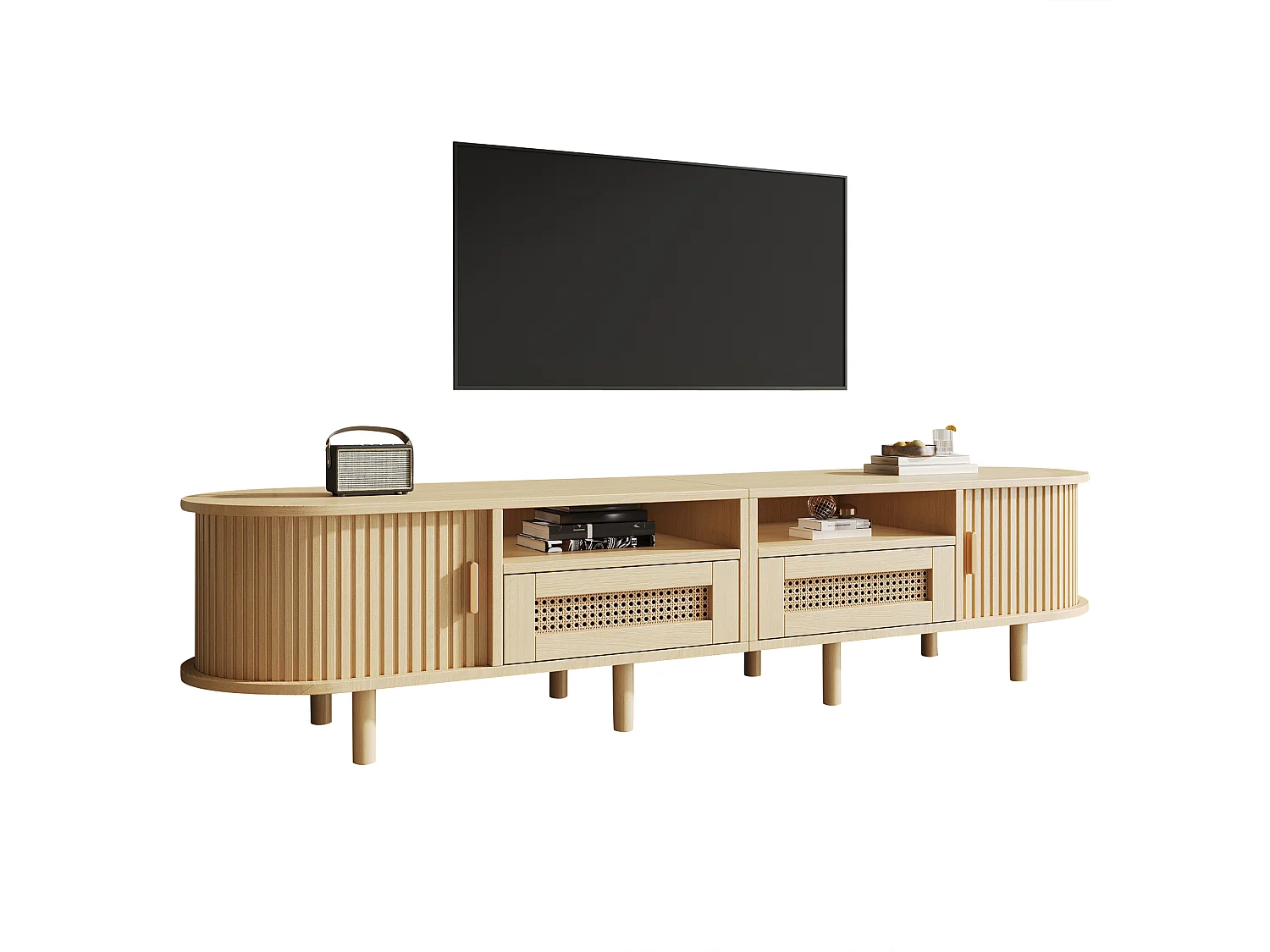 Mobile TV 170x40x40 cm - con 2 cassetti in rattan - 2 ante scorrevoli - MDF - Naturale