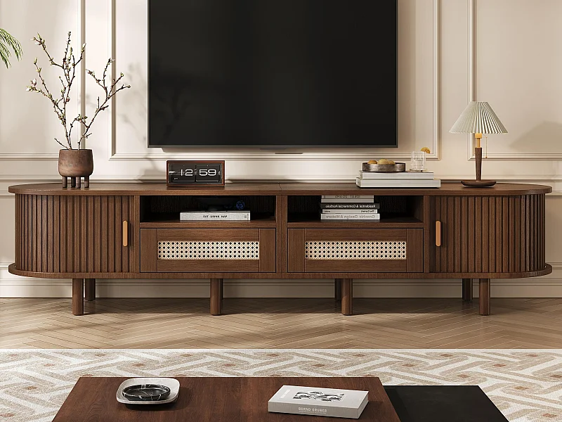 TV-meubel 170x40x40 cm - met 2 rieten laden - 2 schuifdeuren - MDF - Bruin