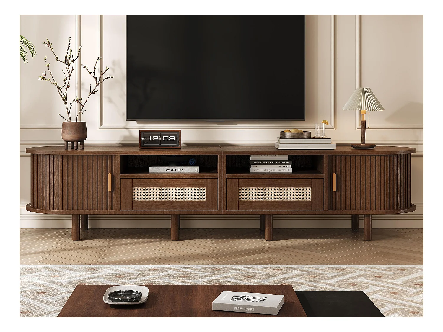 Meuble TV 170x40x40cm - avec 2 tiroirs en rotin - 2 portes coulissantes - MDF - Marron