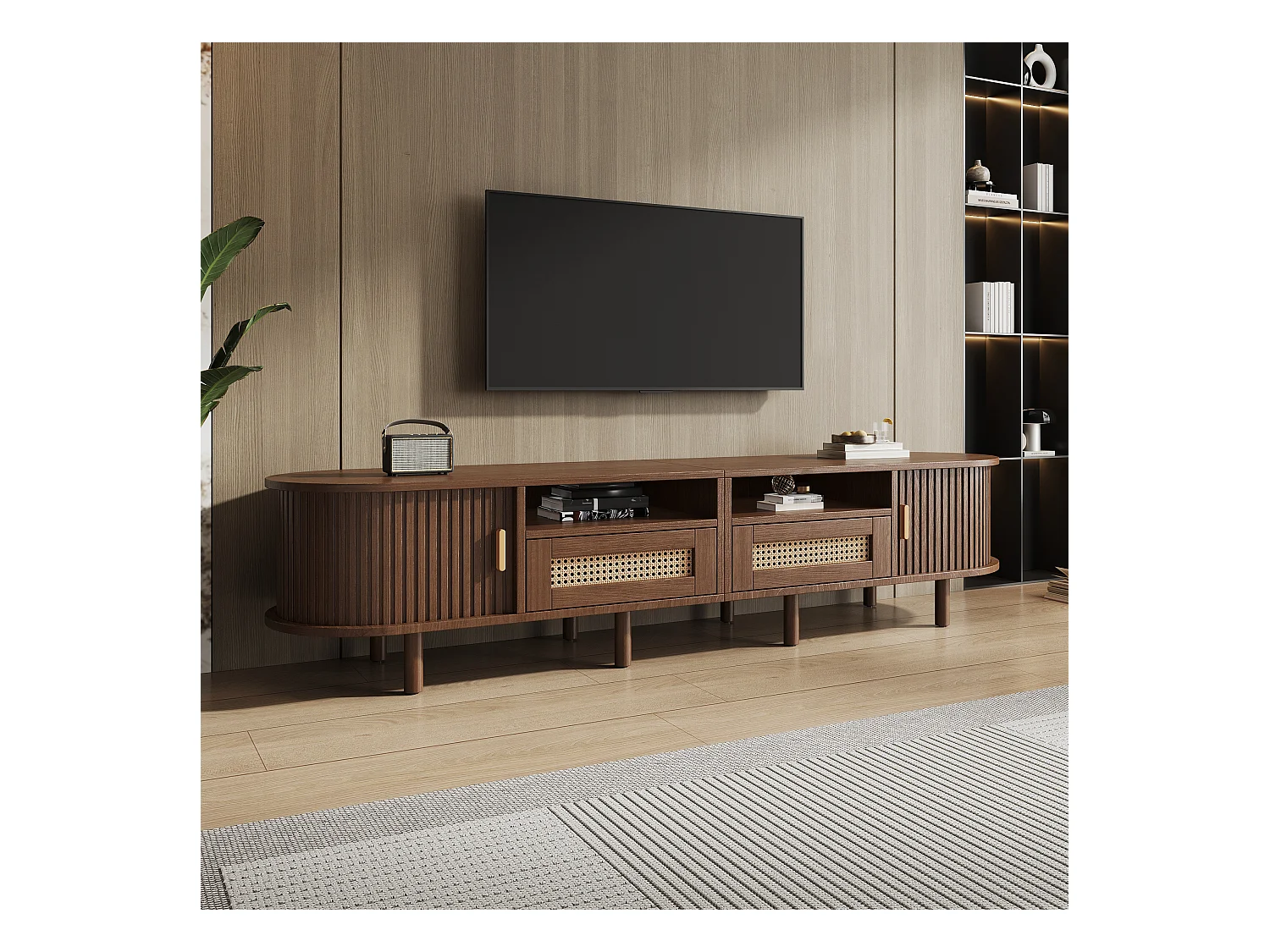 Meuble TV 170x40x40cm - avec 2 tiroirs en rotin - 2 portes coulissantes - MDF - Marron