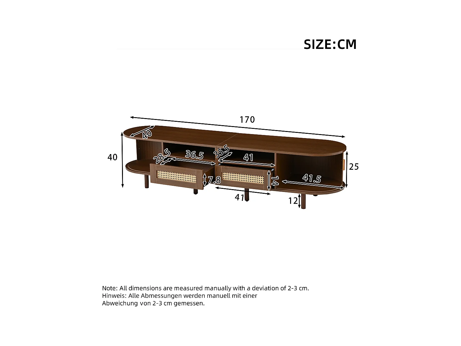 Meuble TV 170x40x40cm - avec 2 tiroirs en rotin - 2 portes coulissantes - MDF - Marron