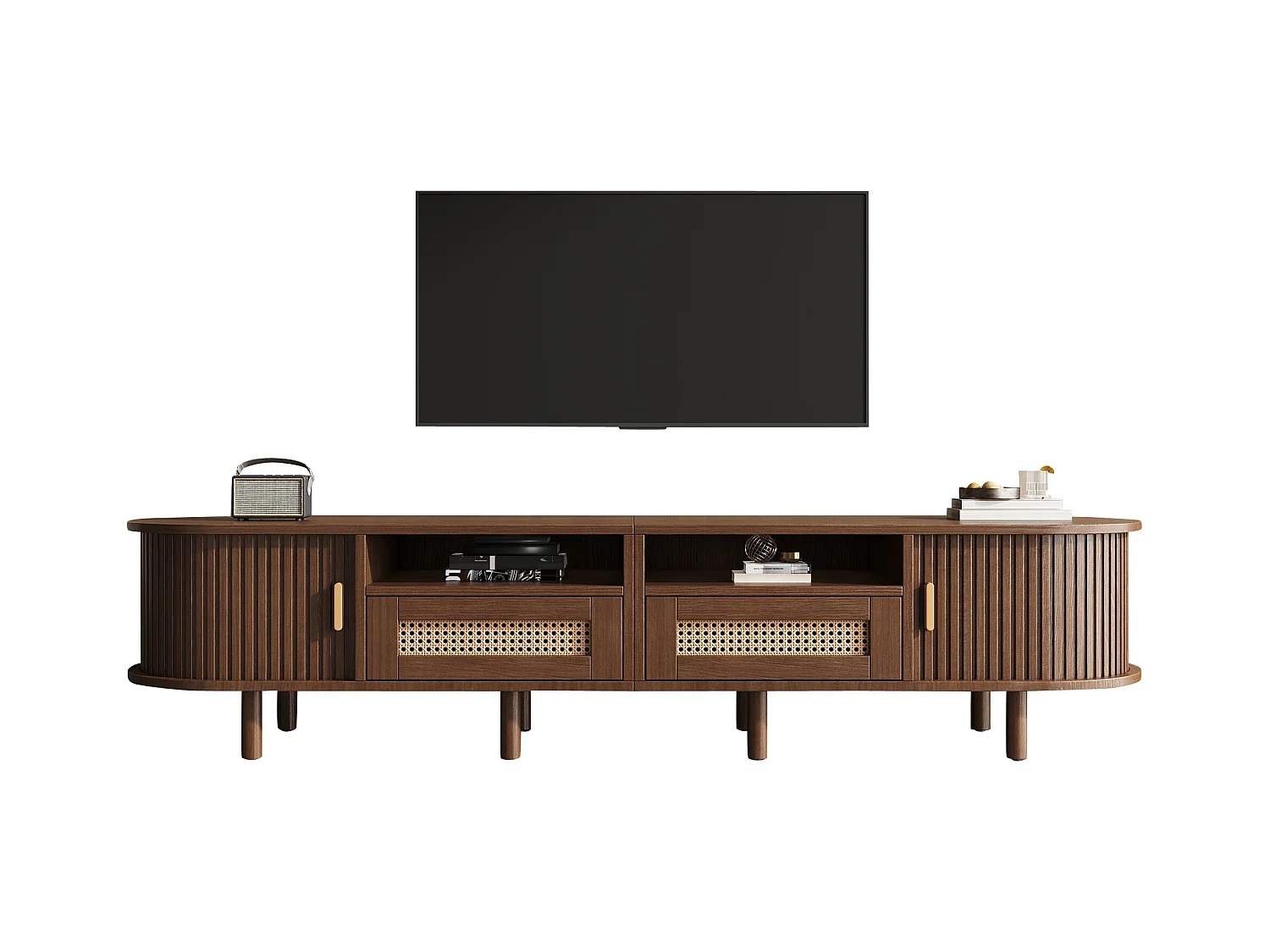 Meuble TV 170x40x40cm - avec 2 tiroirs en rotin - 2 portes coulissantes - MDF - Marron