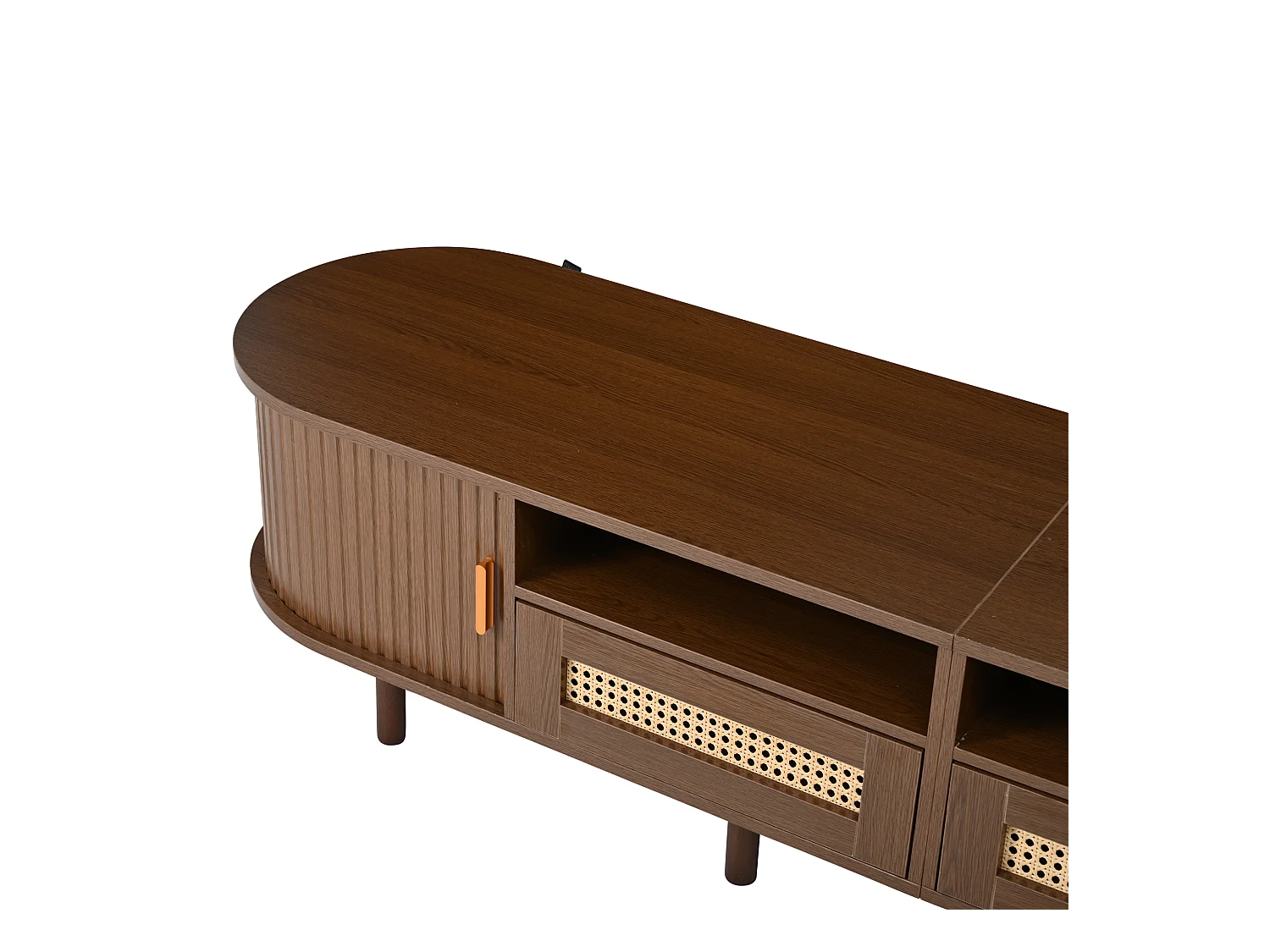 Meuble TV 170x40x40cm - avec 2 tiroirs en rotin - 2 portes coulissantes - MDF - Marron