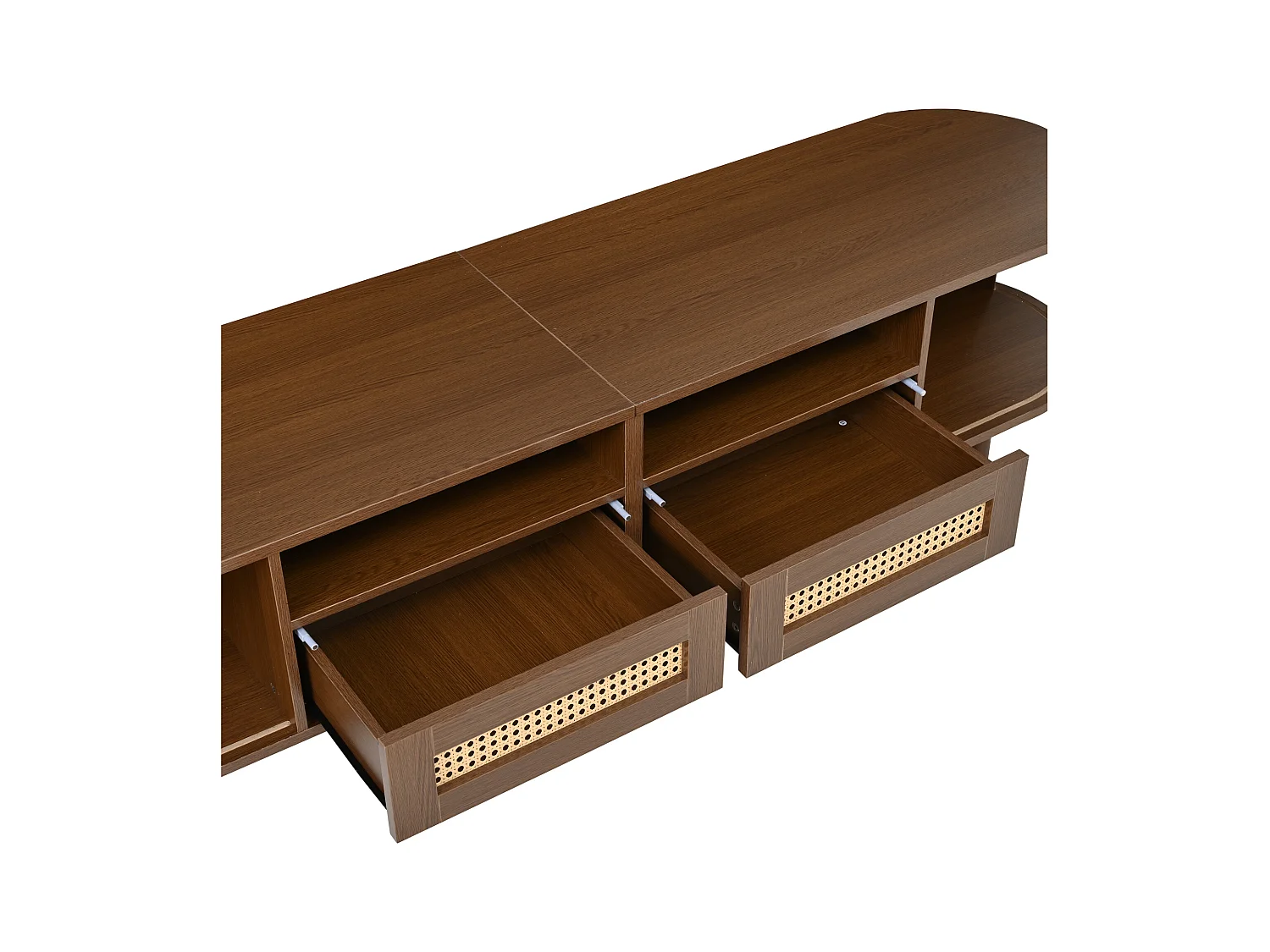 Meuble TV 170x40x40cm - avec 2 tiroirs en rotin - 2 portes coulissantes - MDF - Marron