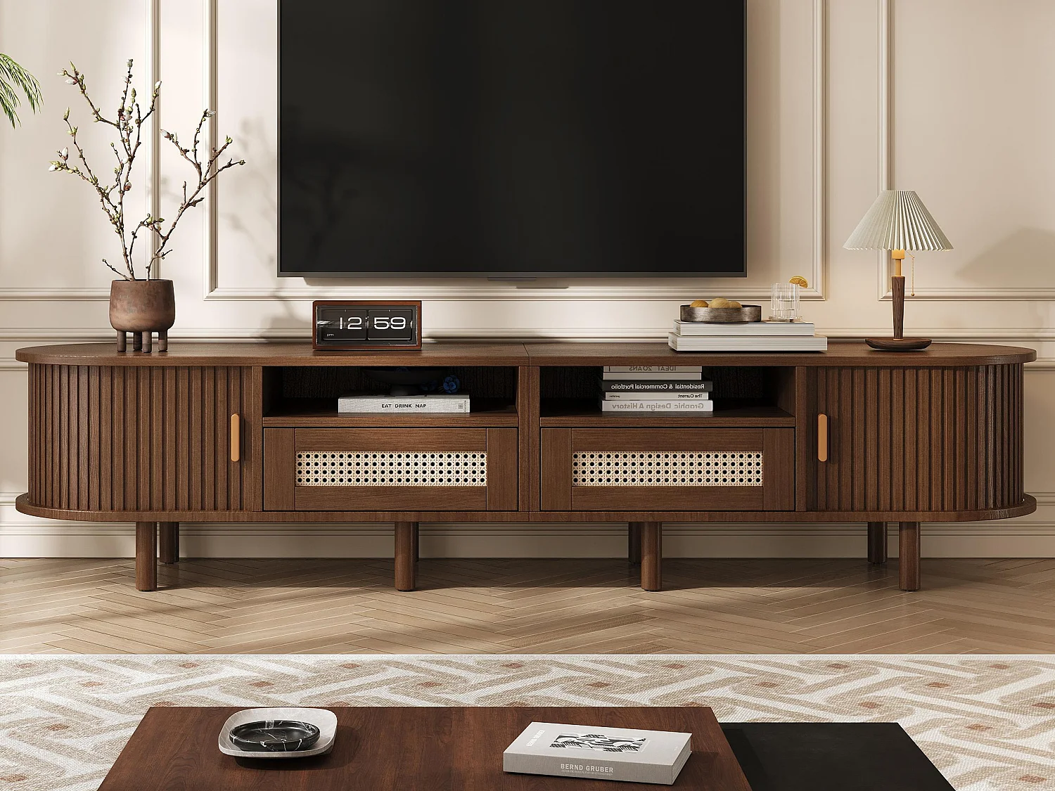 Móvel de TV 170x40x40 cm - com 2 gavetas de rattan - 2 portas corrediças - MDF - Marrom