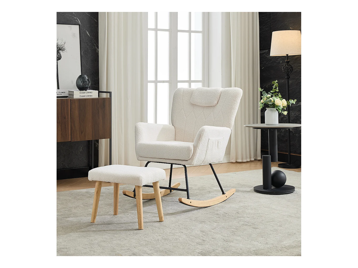 Fauteuil à bascule 65x88x87 cm - avec repose-pieds et dossier haut - Bascule à 30° - avec poches - Blanc