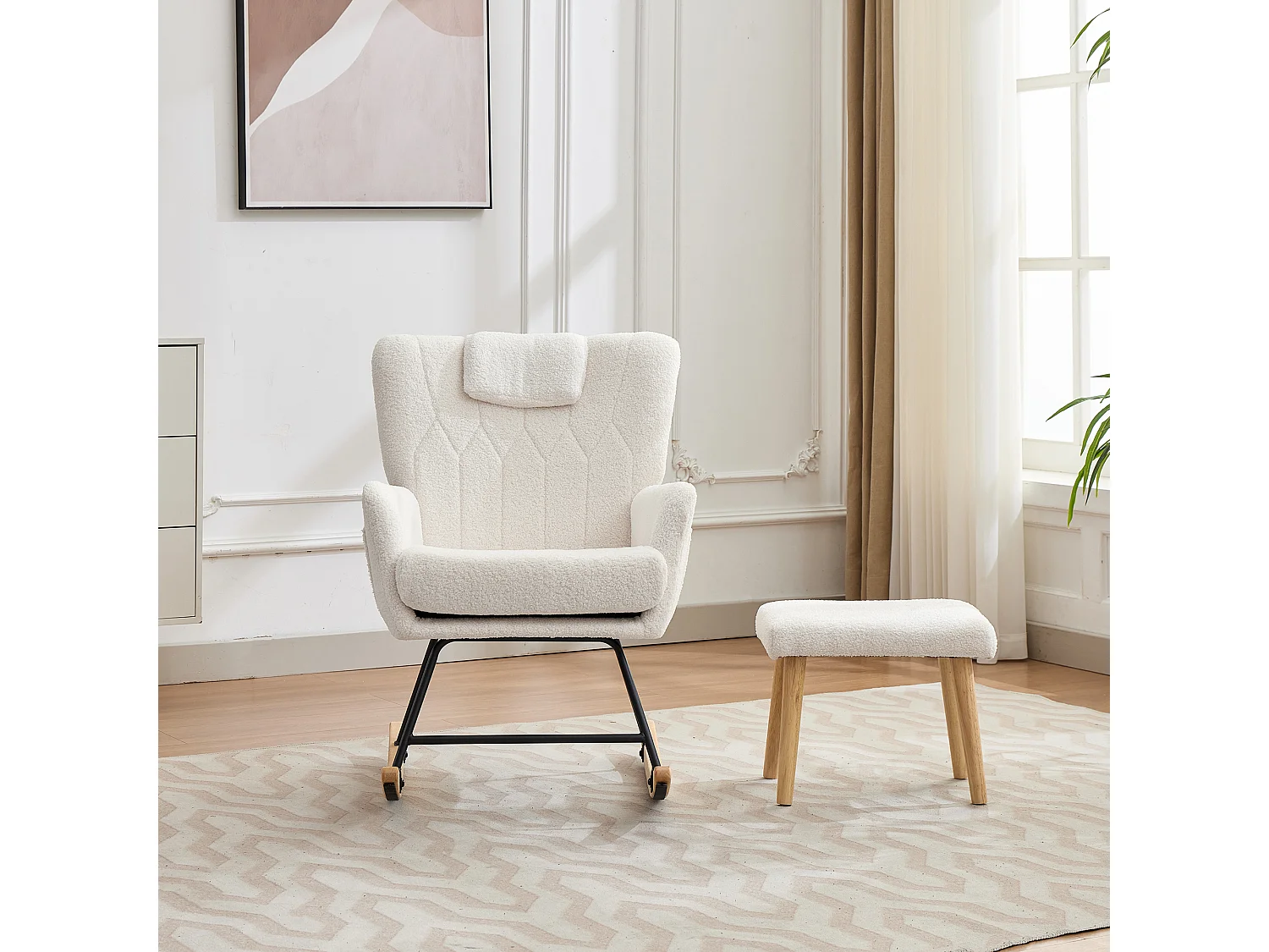 Fauteuil à bascule 65x88x87 cm - avec repose-pieds et dossier haut - Bascule à 30° - avec poches - Blanc