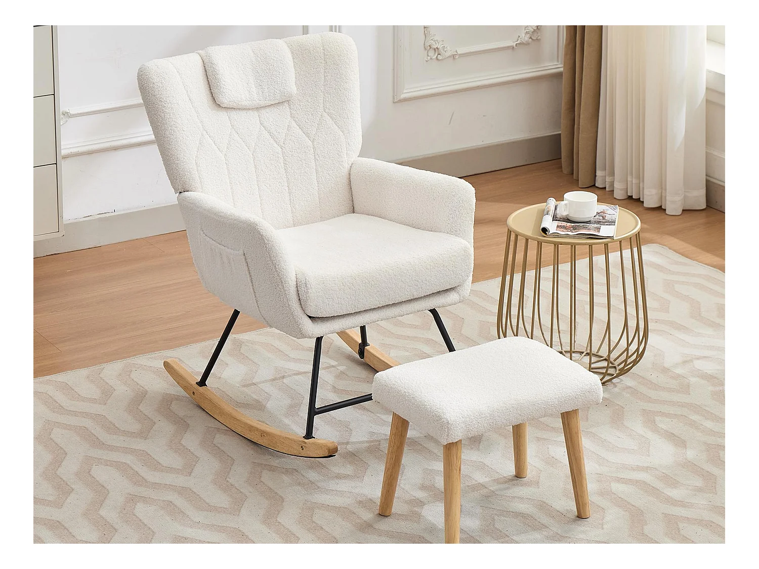 Sillón mecedor 65x88x87 cm - con reposapiés y respaldo alto - Balanceo de 30° - con bolsillos - Blanco