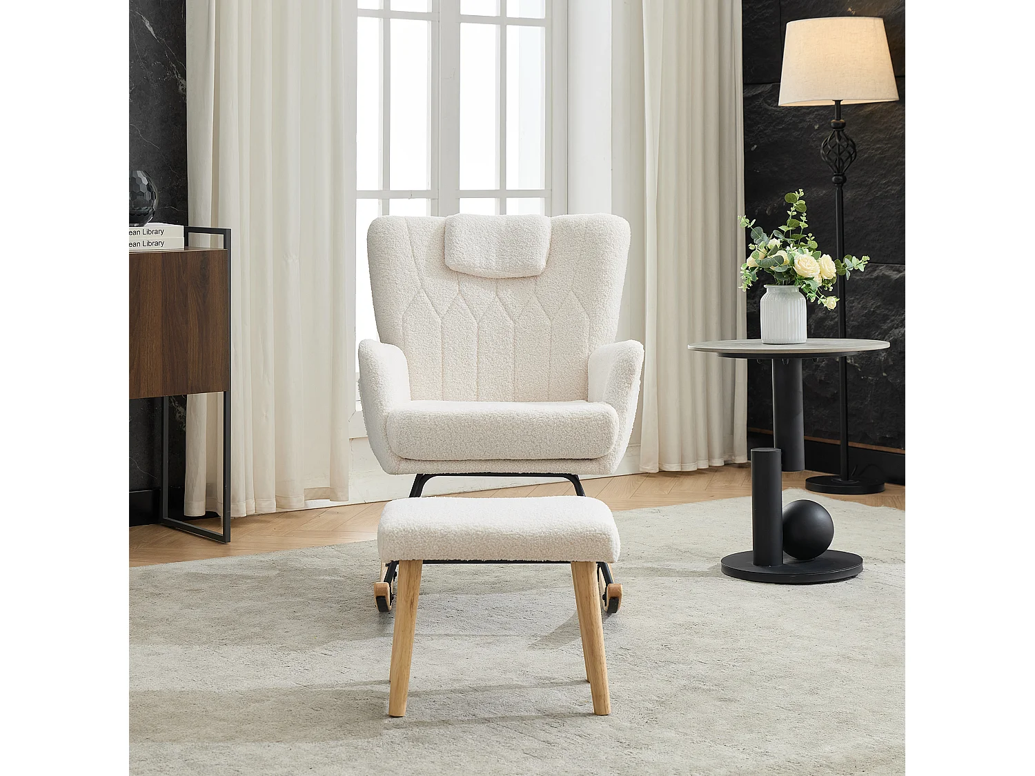 Schaukelstuhl 65x88x87 cm - mit Fußstütze und hoher Rückenlehne - 30° Schwingwinkel - mit Taschen - Weiß