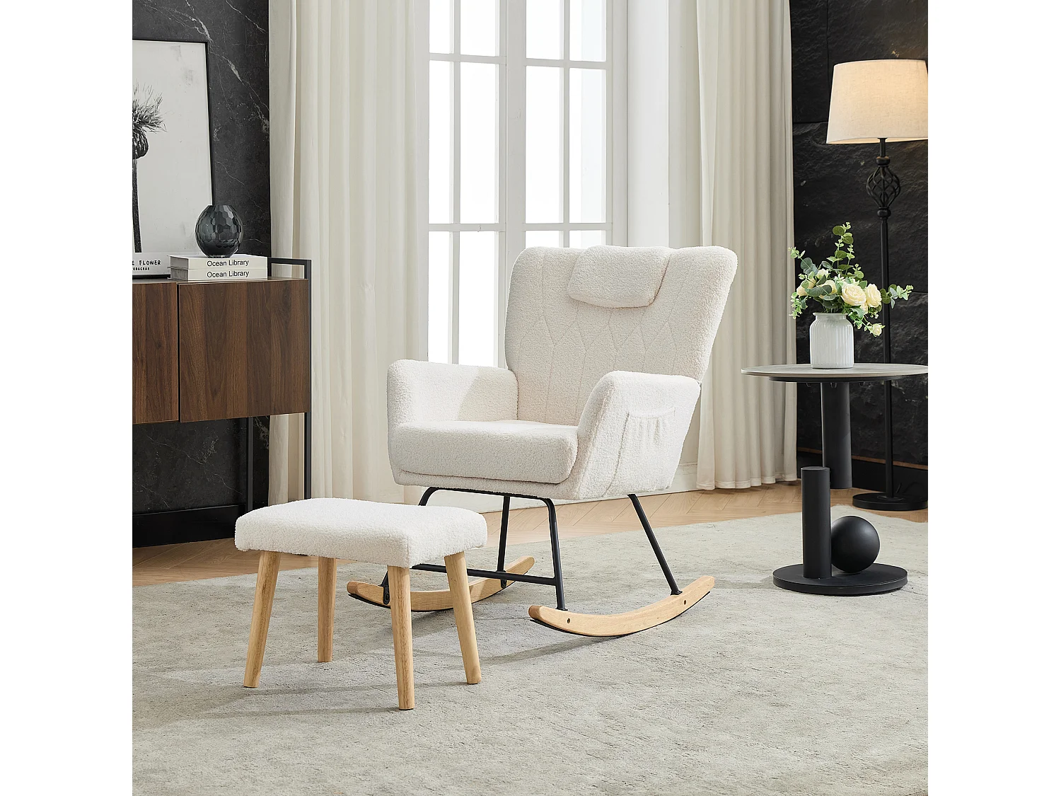 Schaukelstuhl 65x88x87 cm - mit Fußstütze und hoher Rückenlehne - 30° Schwingwinkel - mit Taschen - Weiß