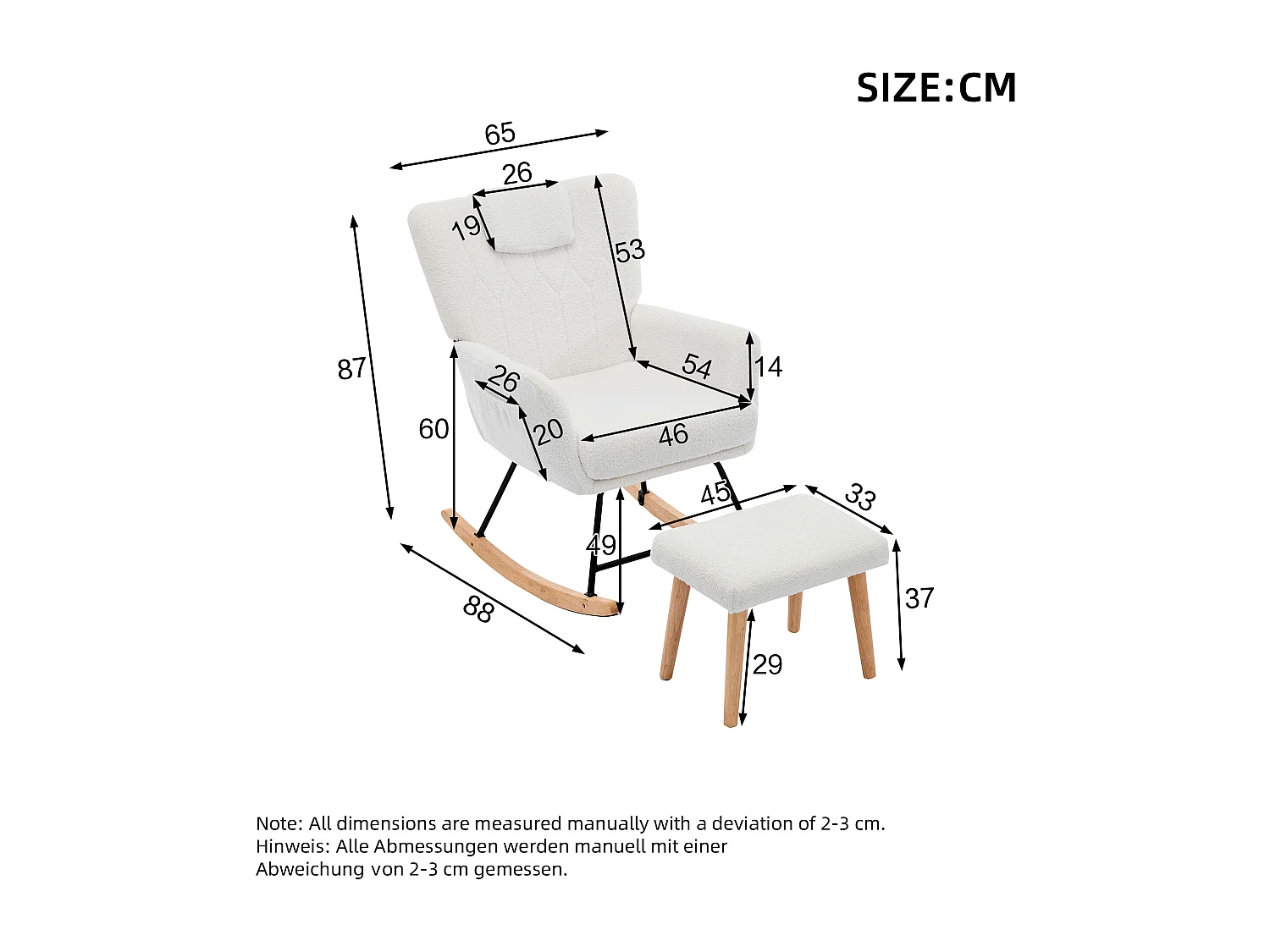 Schaukelstuhl 65x88x87 cm - mit Fußstütze und hoher Rückenlehne - 30° Schwingwinkel - mit Taschen - Weiß