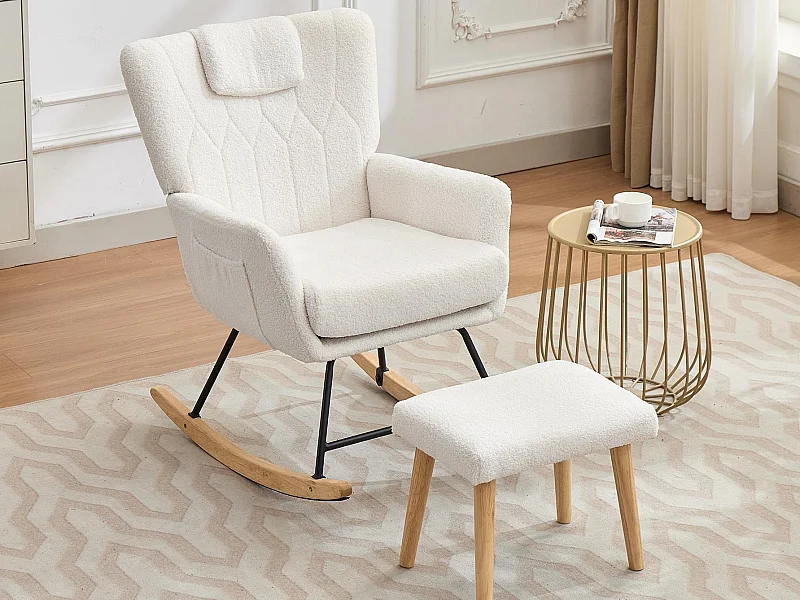 Fauteuil à bascule 65x88x87 cm - avec repose-pieds et dossier haut - Bascule à 30° - avec poches - Blanc