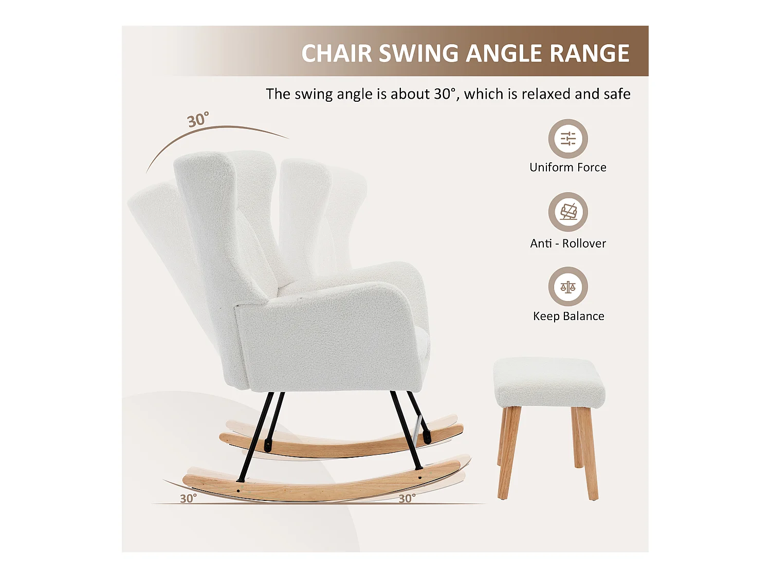 Fauteuil à bascule 69x87x98 cm - avec repose-pieds et dossier haut - Bascule 30° - Coussins amovibles - Blanc