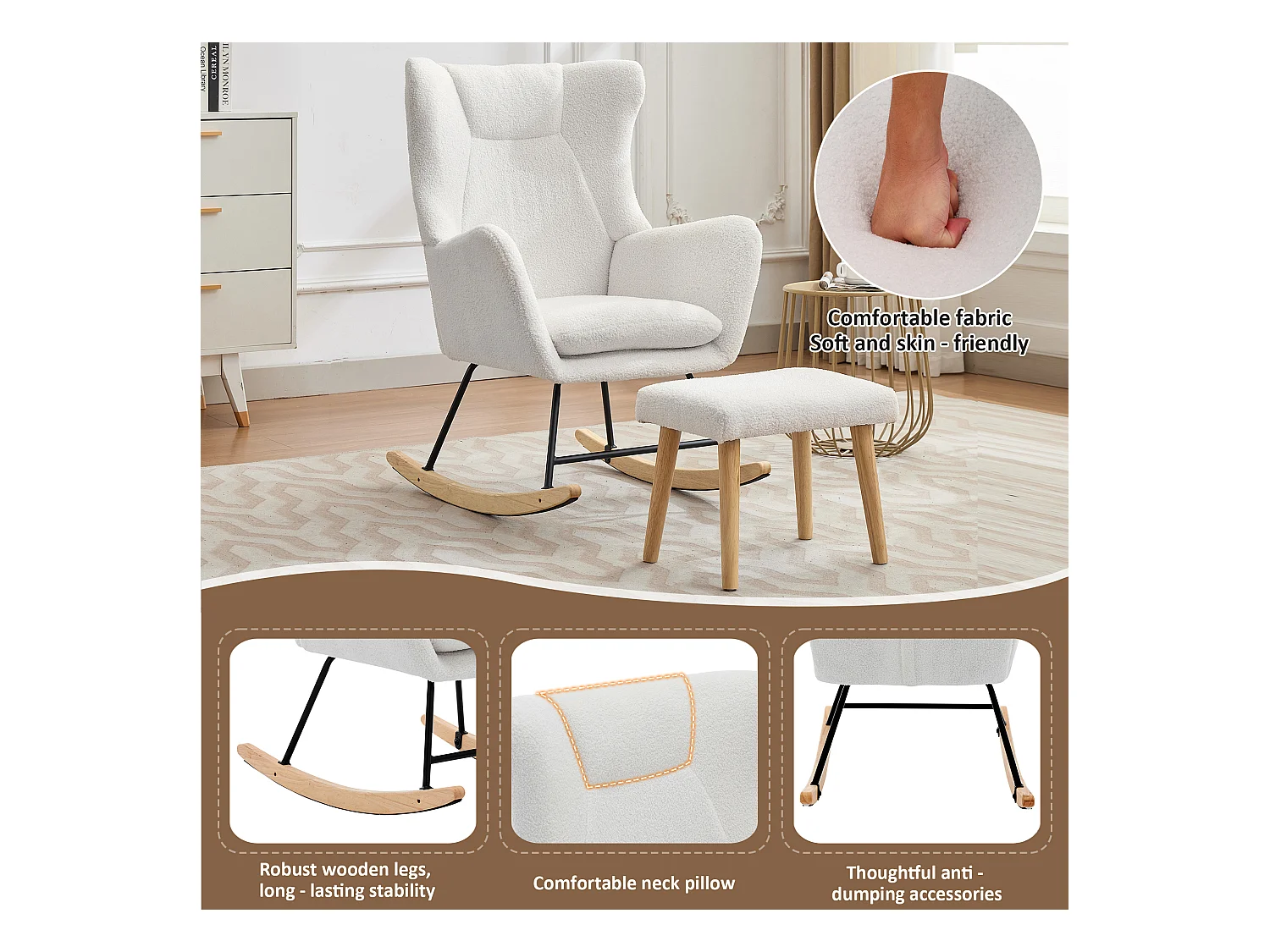 Fauteuil à bascule 69x87x98 cm - avec repose-pieds et dossier haut - Bascule 30° - Coussins amovibles - Blanc