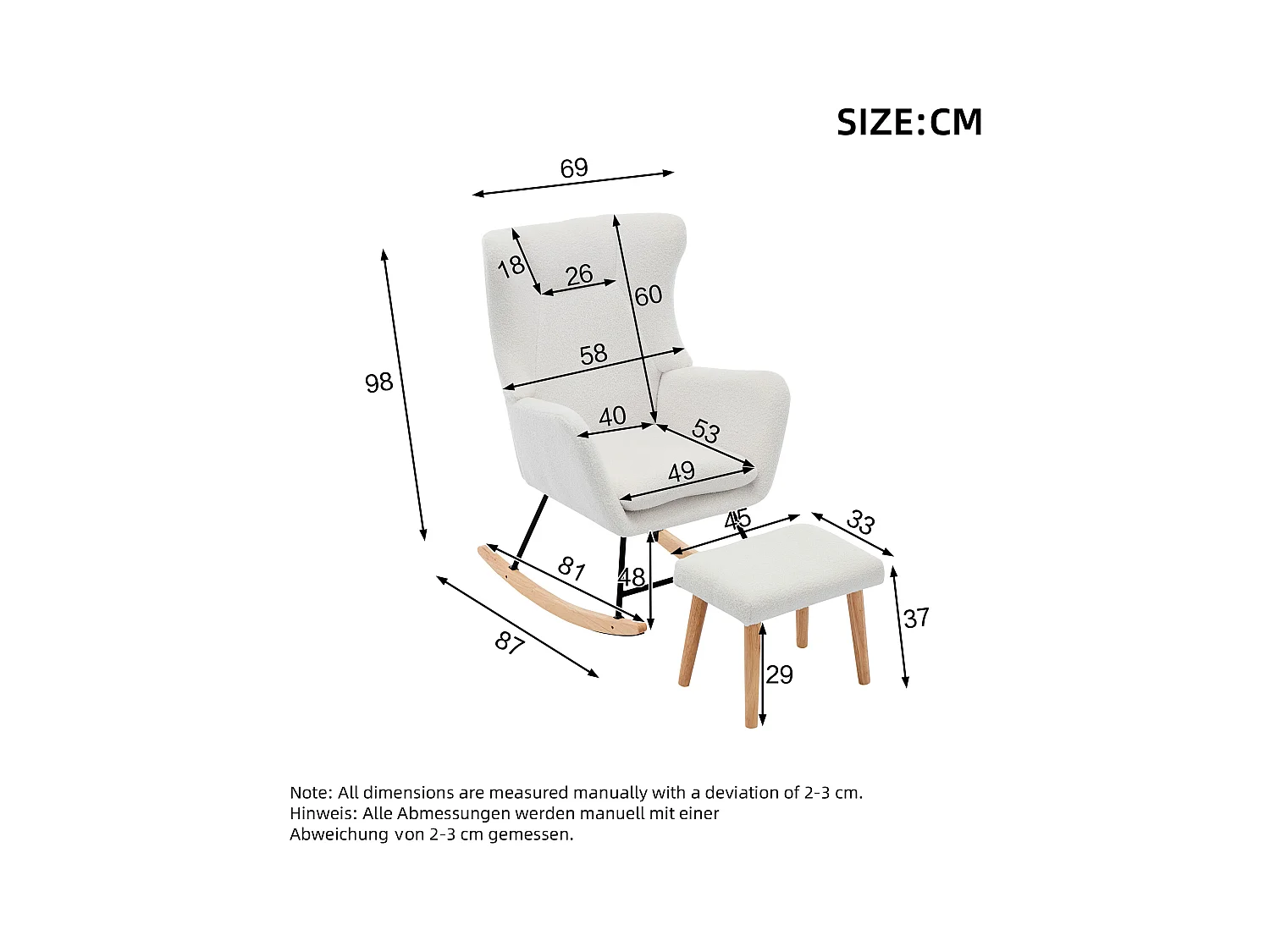 Fauteuil à bascule 69x87x98 cm - avec repose-pieds et dossier haut - Bascule 30° - Coussins amovibles - Blanc