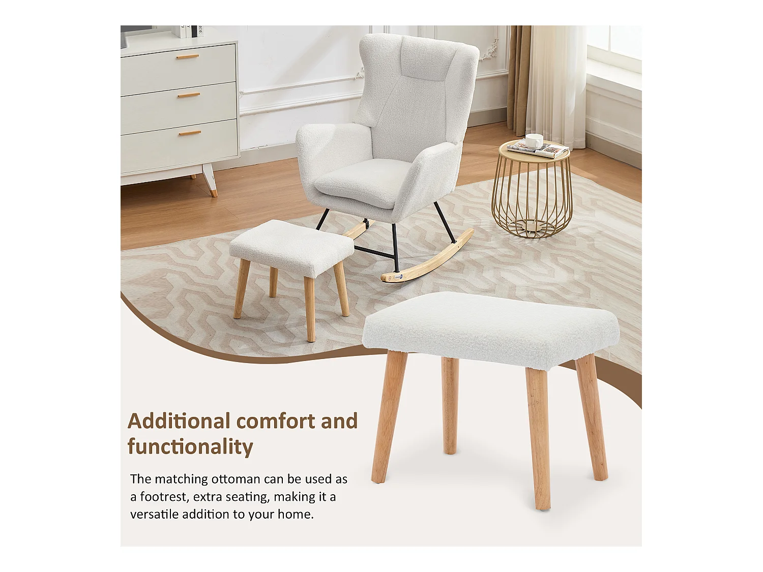 Fauteuil à bascule 69x87x98 cm - avec repose-pieds et dossier haut - Bascule 30° - Coussins amovibles - Blanc