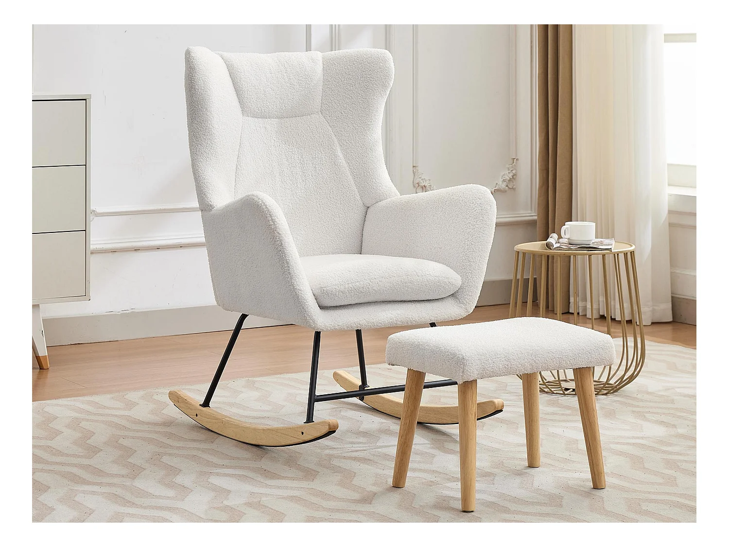 Sillón mecedor 69x87x98 cm - con reposapiés y respaldo alto - Balanceo 30° - Cojines extraíbles - Blanco