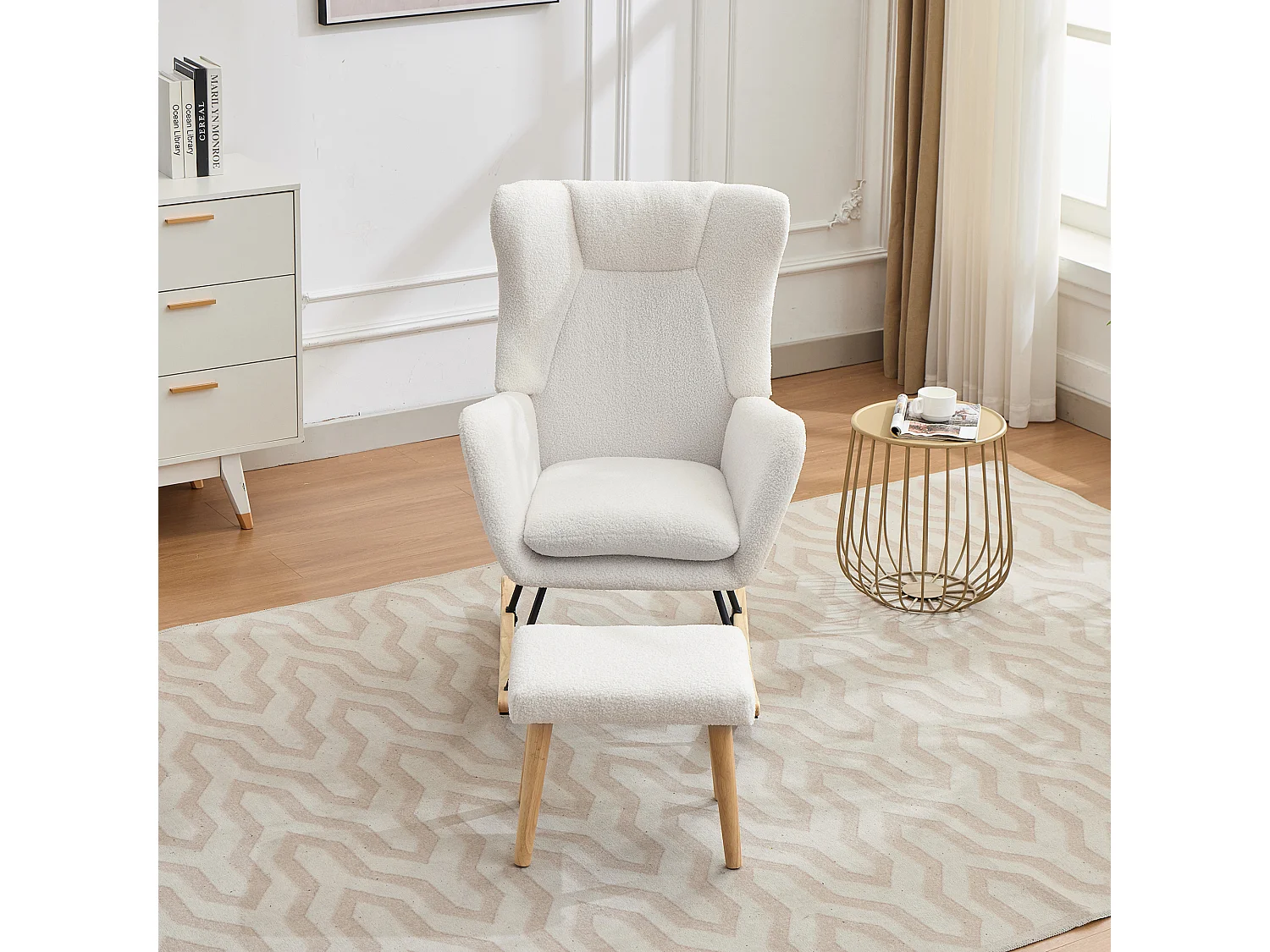 Schaukelstuhl 69x87x98 cm - mit Fußstütze und hoher Rückenlehne - 30° Schwingwinkel - Abnehmbare Kissen - Weiß