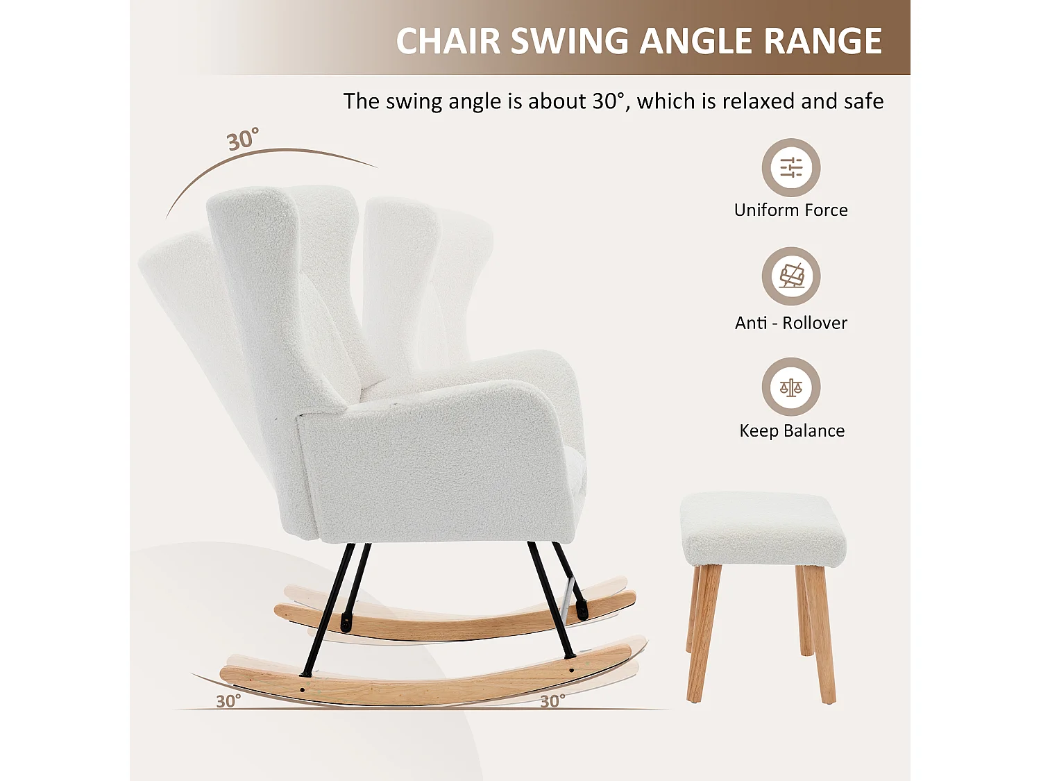Schaukelstuhl 69x87x98 cm - mit Fußstütze und hoher Rückenlehne - 30° Schwingwinkel - Abnehmbare Kissen - Weiß