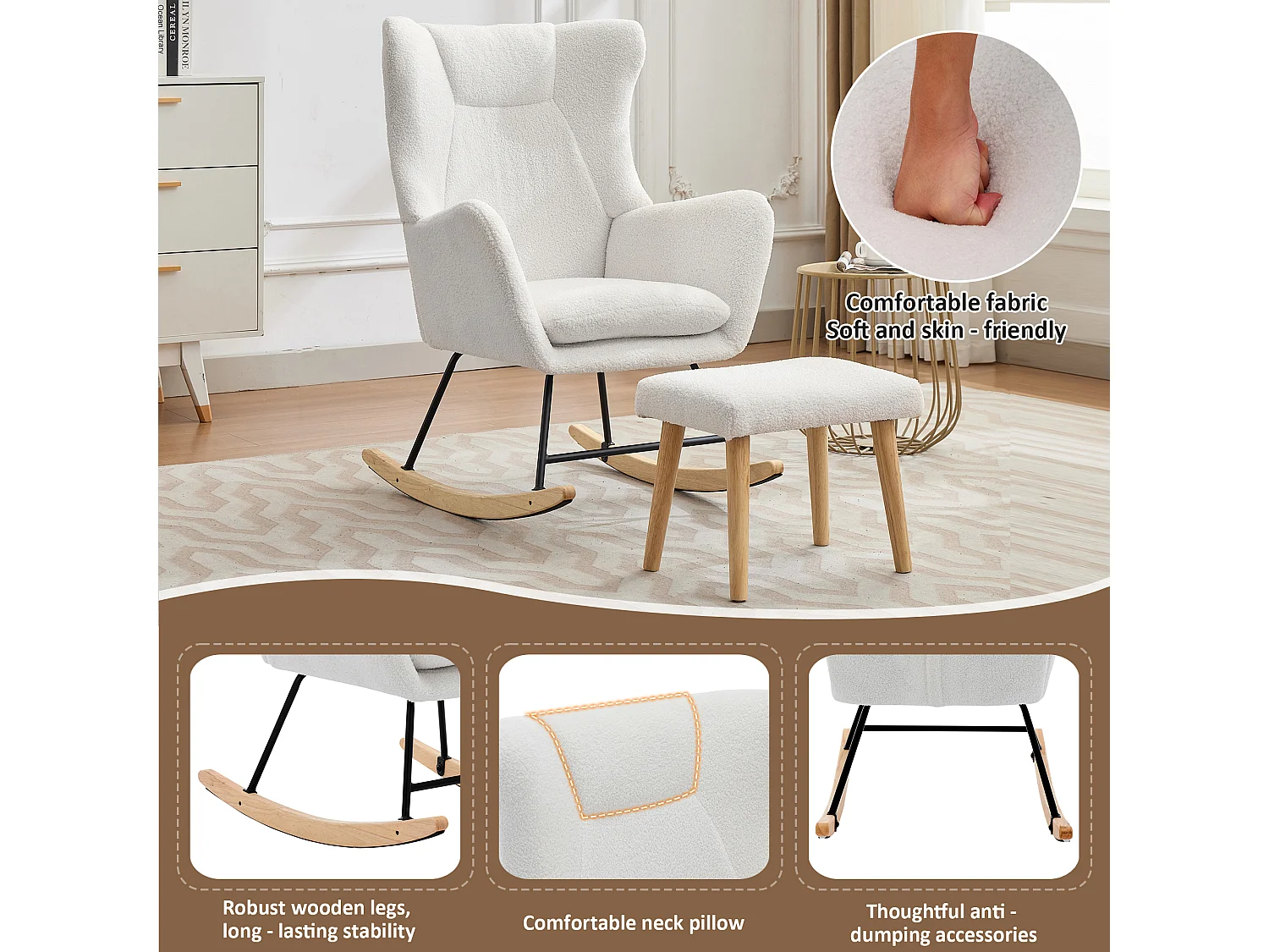 Schaukelstuhl 69x87x98 cm - mit Fußstütze und hoher Rückenlehne - 30° Schwingwinkel - Abnehmbare Kissen - Weiß