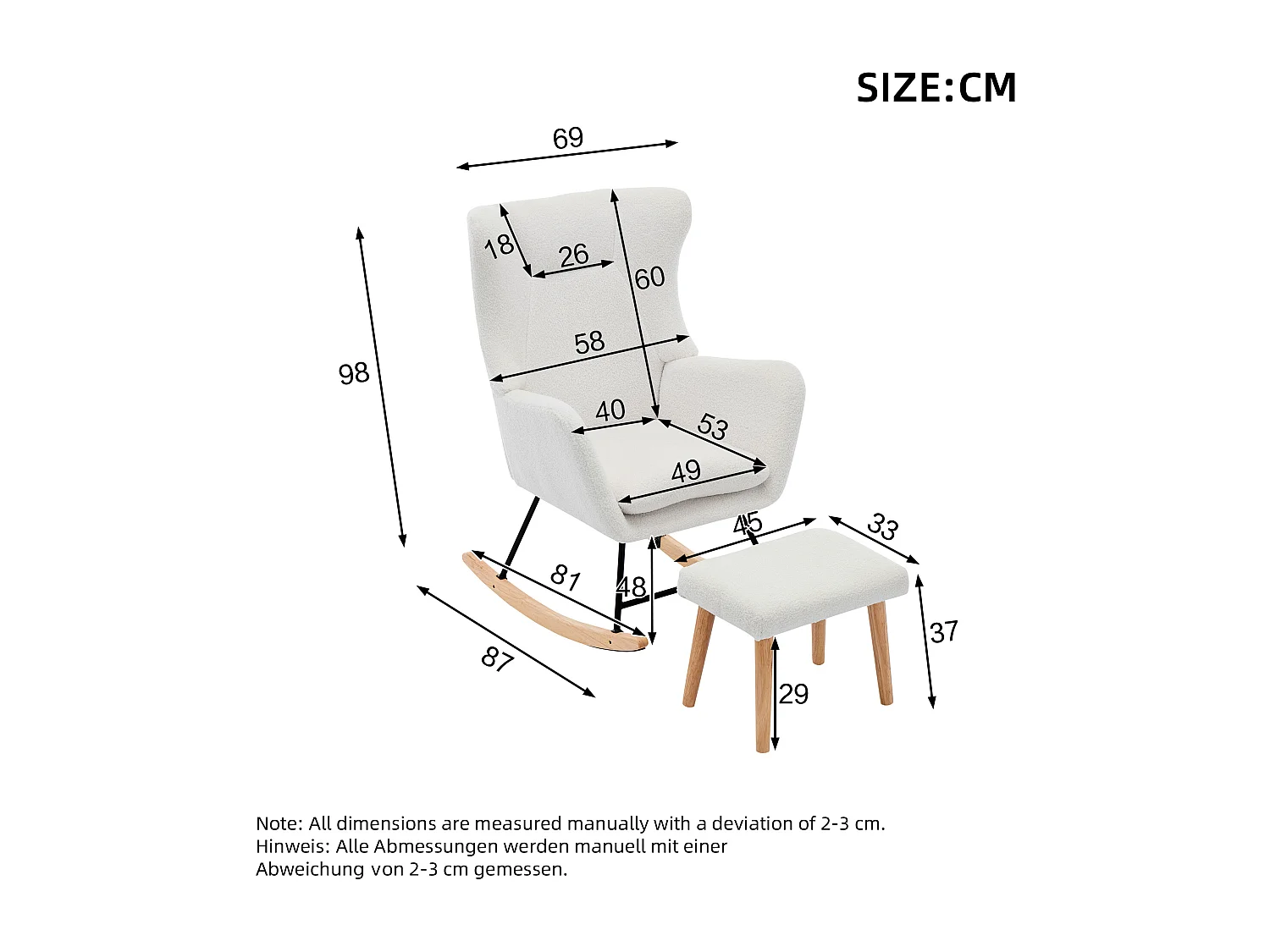 Schaukelstuhl 69x87x98 cm - mit Fußstütze und hoher Rückenlehne - 30° Schwingwinkel - Abnehmbare Kissen - Weiß