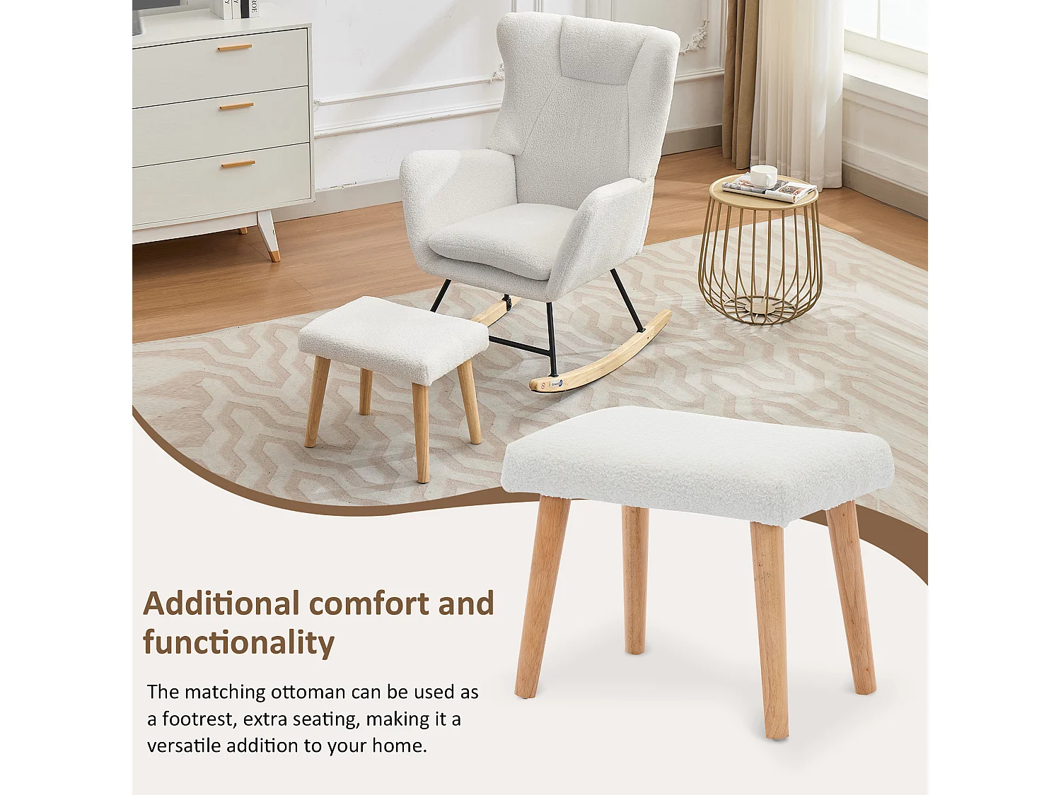 Schaukelstuhl 69x87x98 cm - mit Fußstütze und hoher Rückenlehne - 30° Schwingwinkel - Abnehmbare Kissen - Weiß