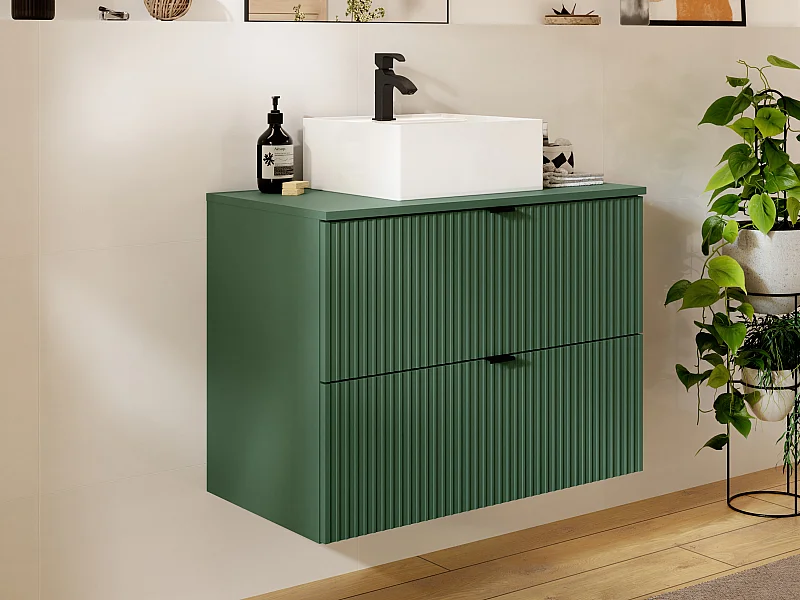 Meuble de salle de bain suspendu strié avec vasque carrée à poser - Vert mat - 80 cm - ZEVINI