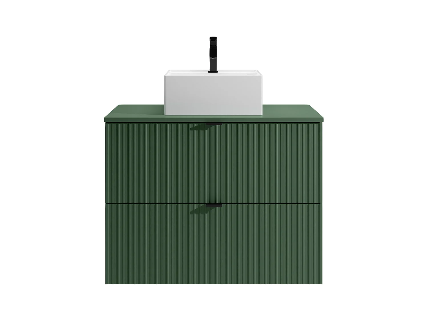 Meuble de salle de bain suspendu strié avec vasque à poser ronde - Vert mat - 80 cm - ZEVINI