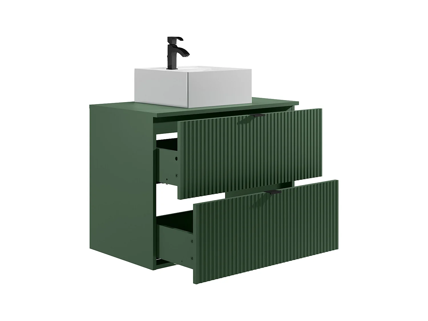 Meuble de salle de bain suspendu strié avec vasque à poser ronde - Vert mat - 80 cm - ZEVINI