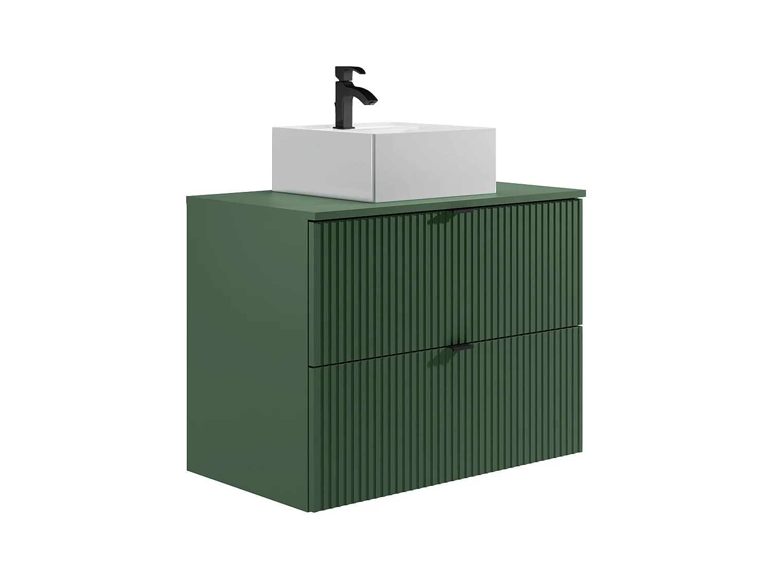 Meuble de salle de bain suspendu strié avec vasque à poser ronde - Vert mat - 80 cm - ZEVINI