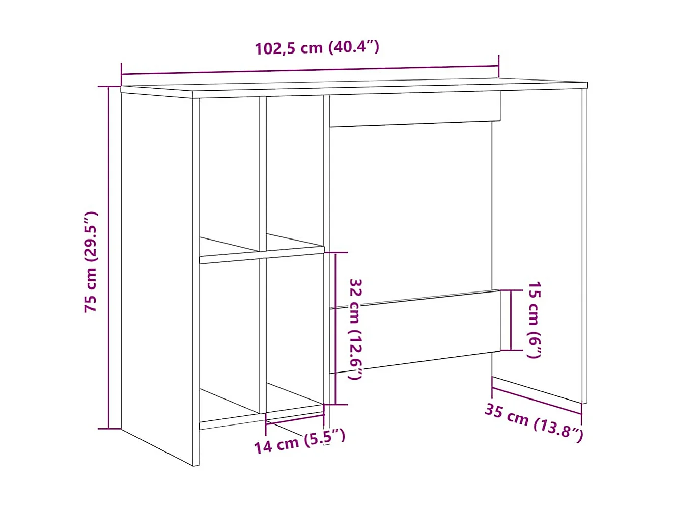 Bureau chêne artisanal 102,5x35x75 cm bois d'ingénierie