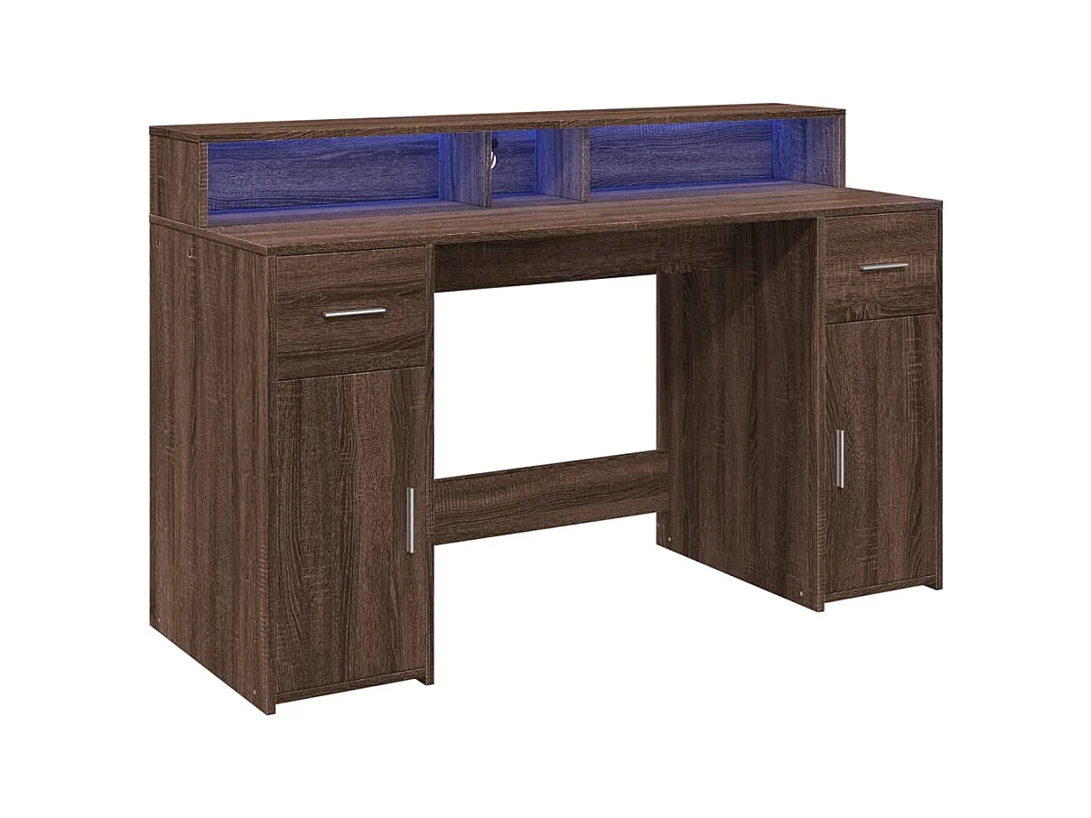 Bureau et lumières LED chêne marron bois d'ingénierie