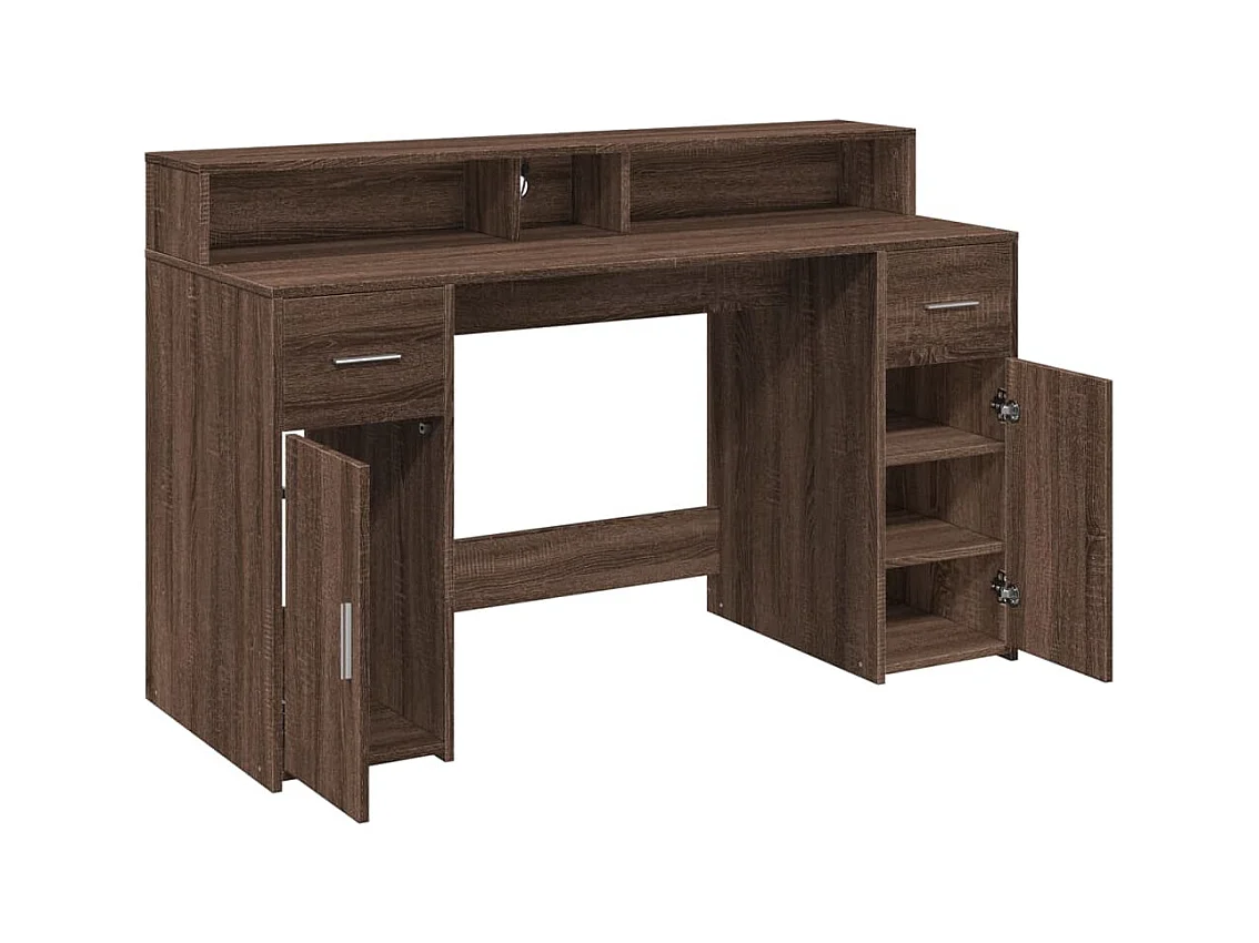 Bureau et lumières LED chêne marron bois d'ingénierie