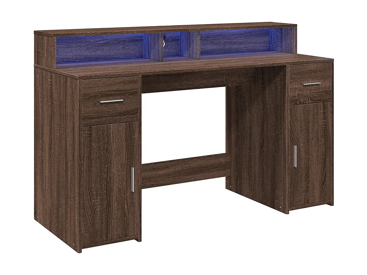 Bureau et lumières LED chêne marron bois d'ingénierie