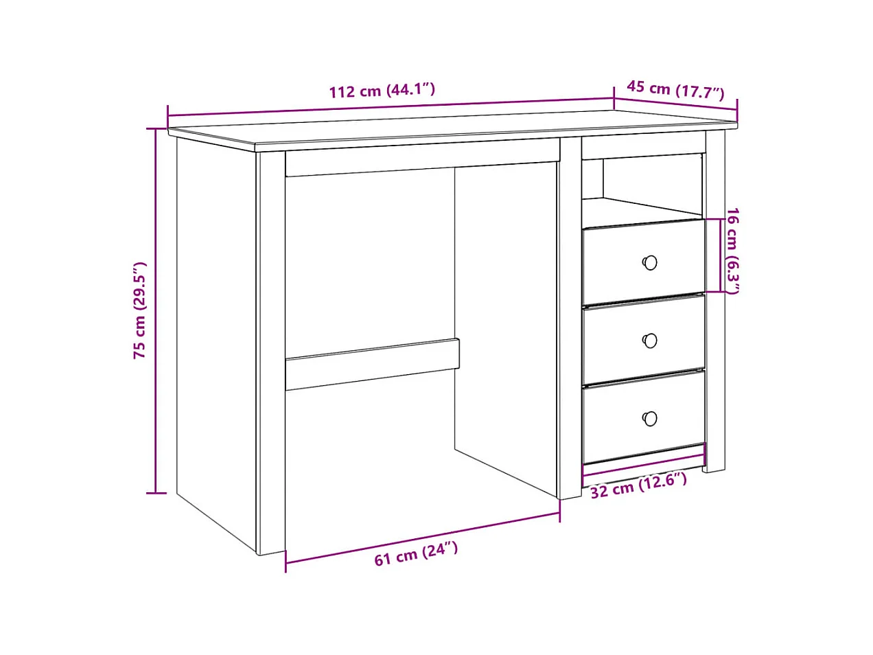 Bureau Panama 112x45x75 cm bois massif de pin