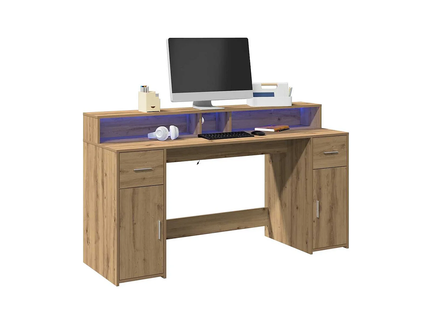 Bureau avec lumières LED chêne artisanal bois d'ingénierie