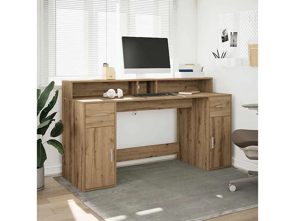 Bureau avec lumières LED chêne artisanal bois d'ingénierie