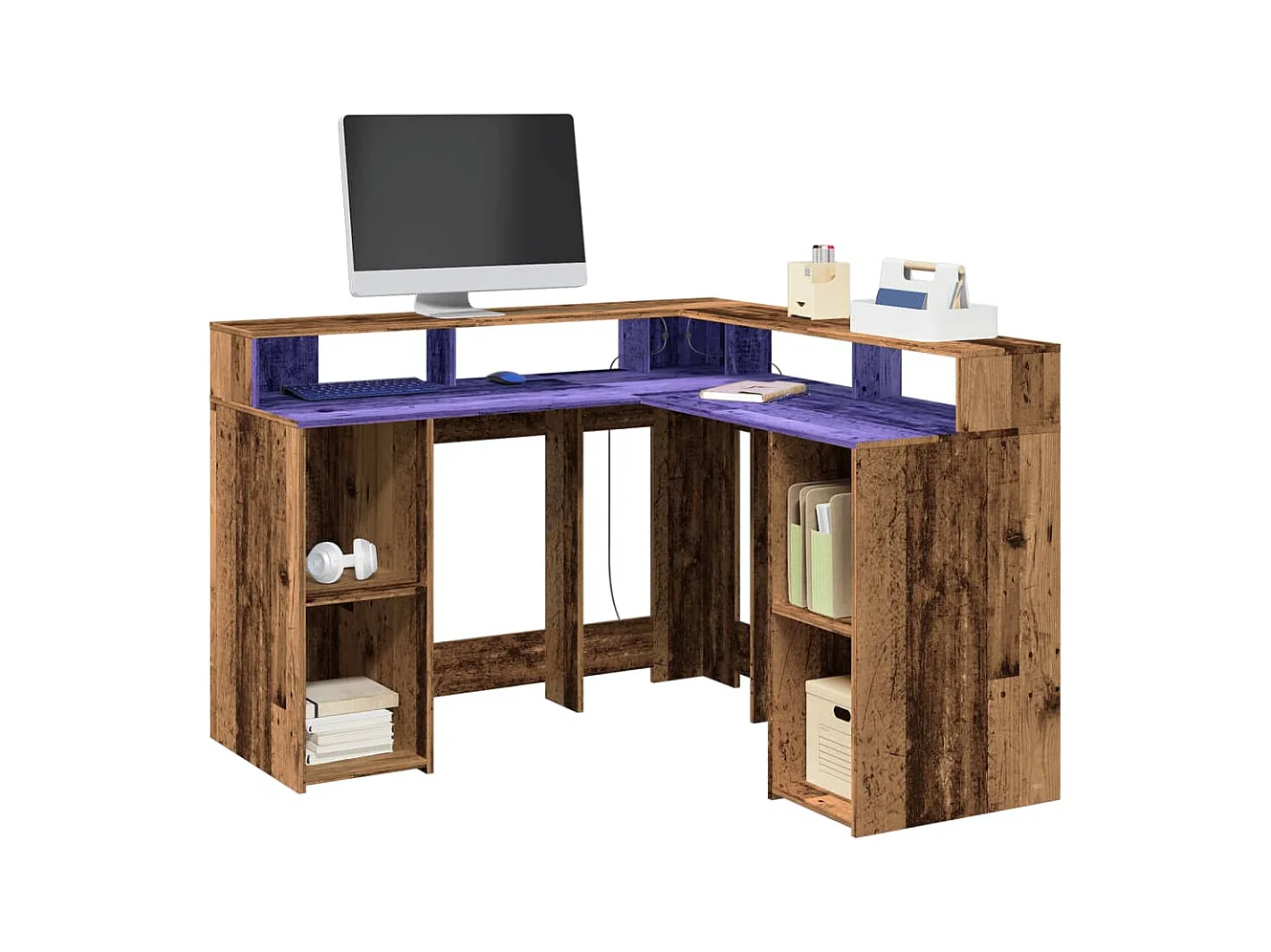 Escritorio con LED madera ingeniería envejecida 130x130x91 cm
