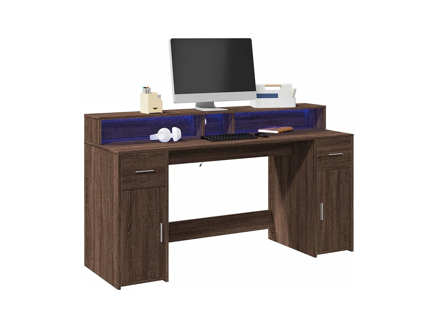Bureau et lumières LED chêne marron bois d'ingénierie