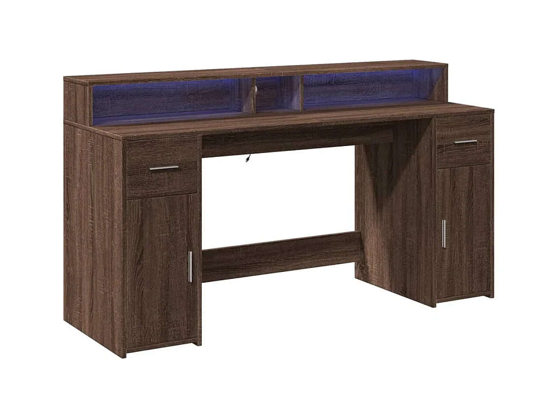 Bureau et lumières LED chêne marron bois d'ingénierie