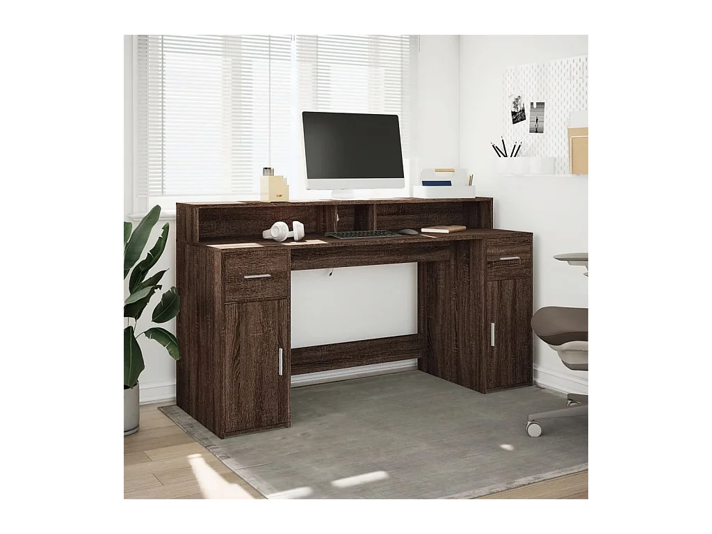 Bureau et lumières LED chêne marron bois d'ingénierie
