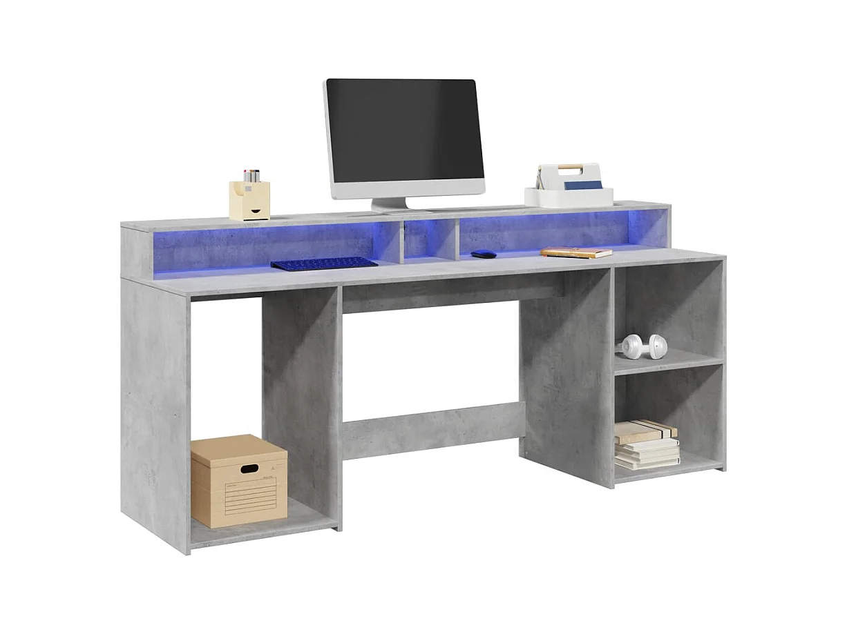 Bureau et lumières LED gris béton 200x55x91cm bois d'ingénierie