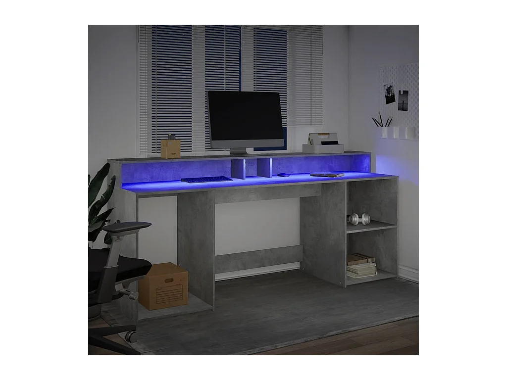 Bureau et lumières LED gris béton 200x55x91cm bois d'ingénierie