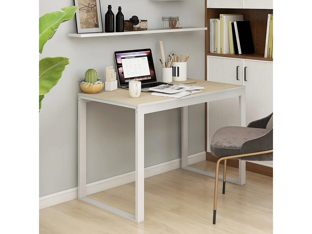 Bureau d'ordinateur Blanc et chêne 110x60x73 cm Aggloméré