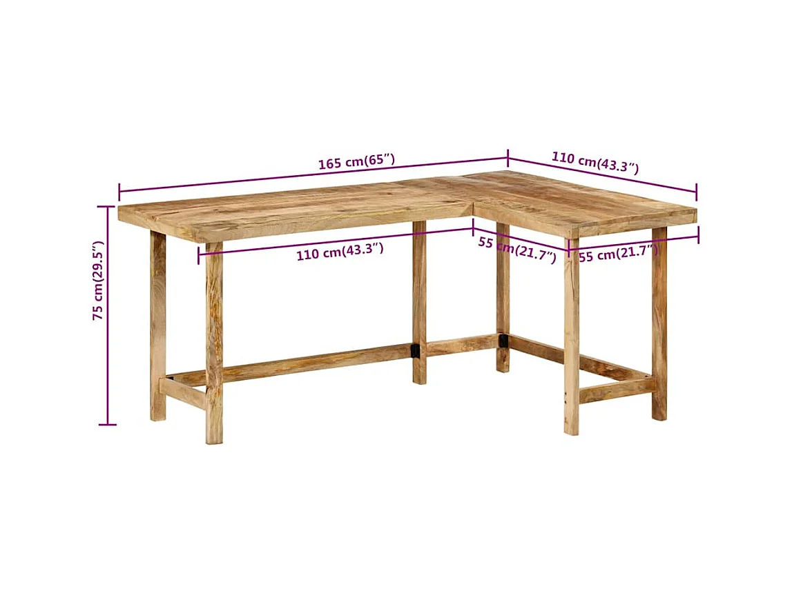 Bureau 165x110x75 cm bois massif de manguier