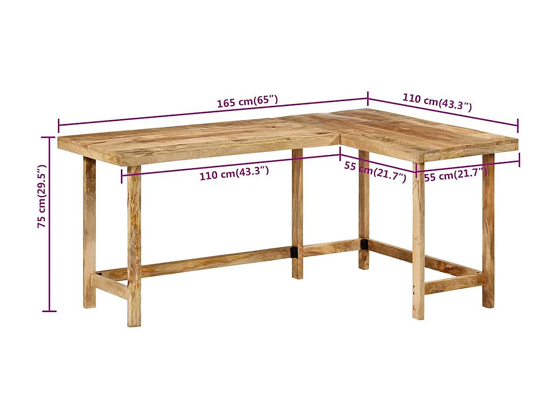 Bureau 165x110x75 cm bois massif de manguier