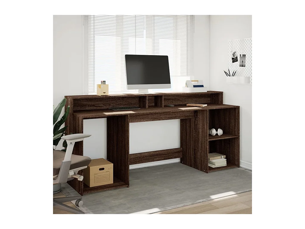 Bureau et lumières LED chêne marron bois d'ingénierie